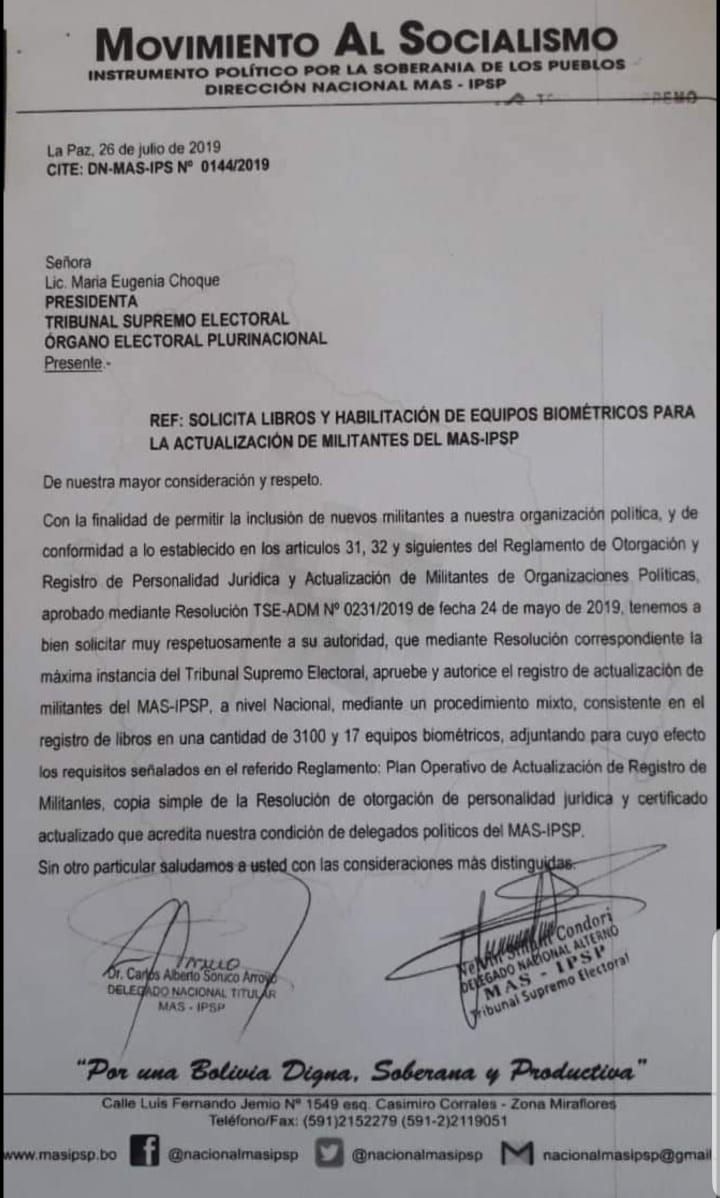 El MAS solicitó al TSE equipos biométricos y libros para “actualizar” su militancia, la oposición ve posible fraude
