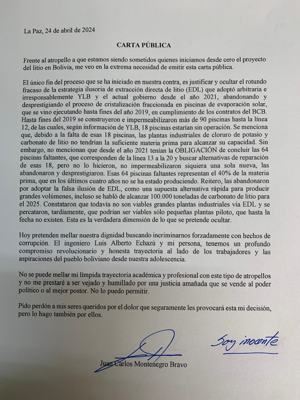 Carta: exgerente de YLB afirma que es “inocente” y denuncia al Gobierno por abandonar las piscinas por la "ilusoria extracción directa de litio"