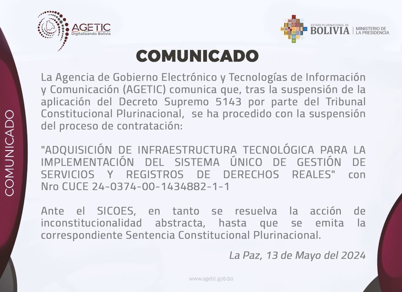 DDRR: Agetic suspende millonaria licitación y denuncian presupuesto de Bs 31MM para contratar consultores