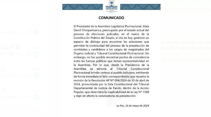 Tras fracaso del diálogo, Choquehuanca “exhorta” al TCP que emita resolución sobre el fallo que paralizó el proceso de preselección