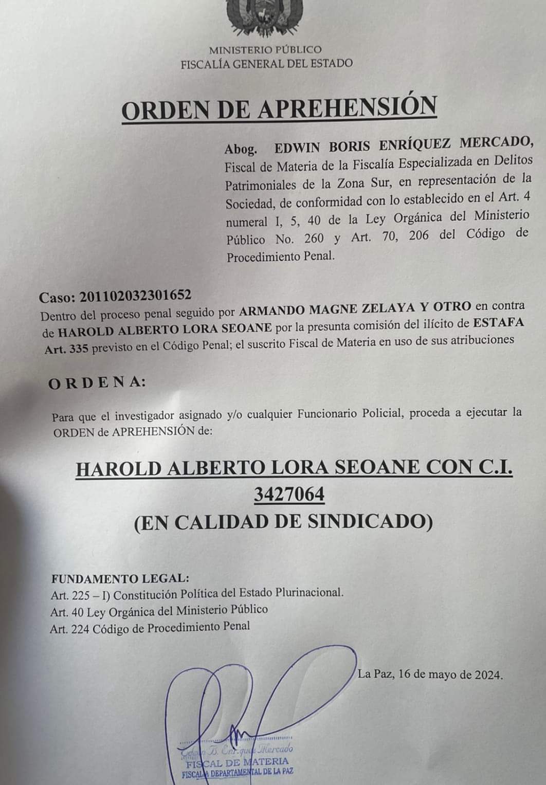 Por presunta estafa, aprehenden a Harold Lora, propietario de la constructora Loritas  