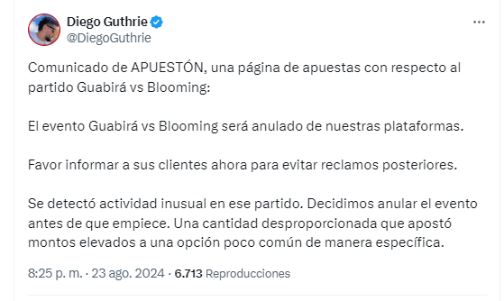 El partido Guabirá vs. Blooming levanta sospechas en casas de apuestas