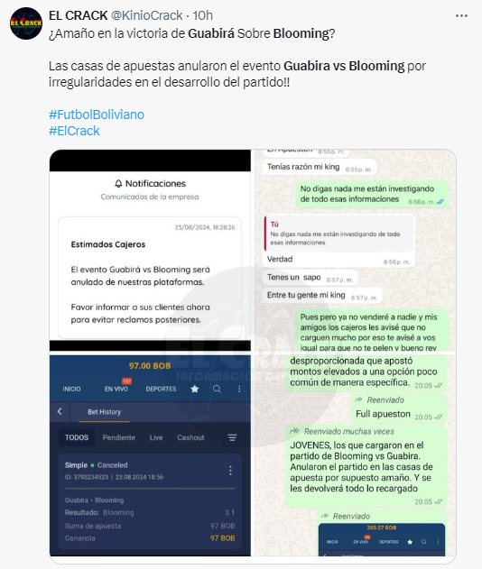 El partido Guabirá vs. Blooming levanta sospechas en casas de apuestas