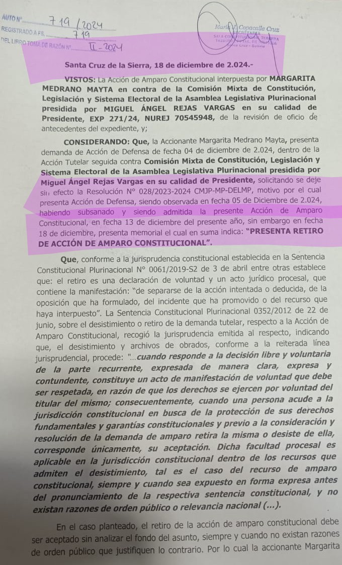 Director de Asuntos Legales del Senado informa que expostulante a las judiciales retira amparo 