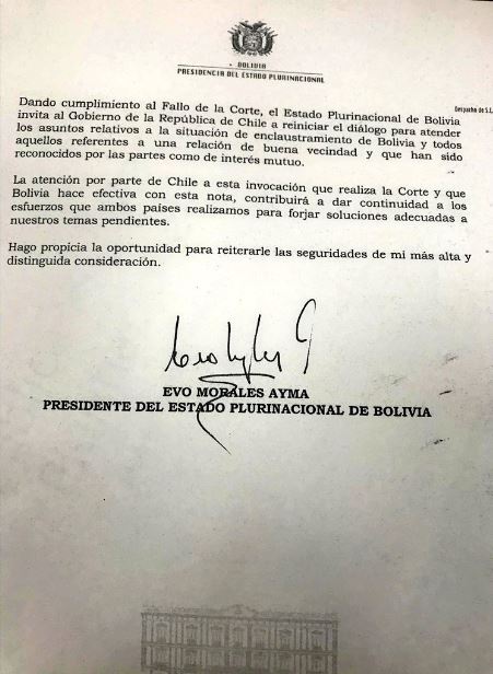 Evo oficializa invitación a Chile para “reiniciar diálogo” sobre enclaustramiento marítimo