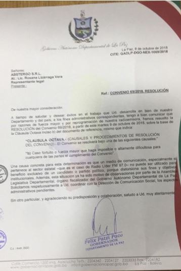 Patzi despide a Amalia Pando porque en radio de la Gobernación de La Paz se entrevistó a Mesa