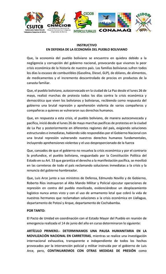Evistas determinan “pausa humanitaria” en los bloqueos y declaran duelo nacional