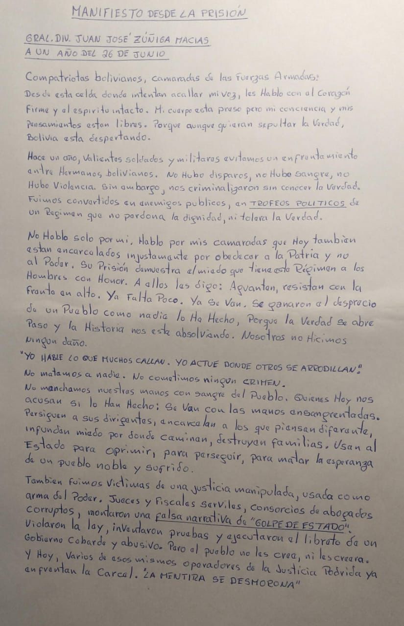 A un año del alzamiento militar, circula  carta atribuida a Zúñiga en la que  insiste en que no se trató de golpe