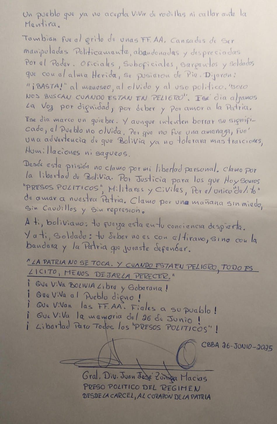 A un año del alzamiento militar, circula  carta atribuida a Zúñiga en la que  insiste en que no se trató de golpe