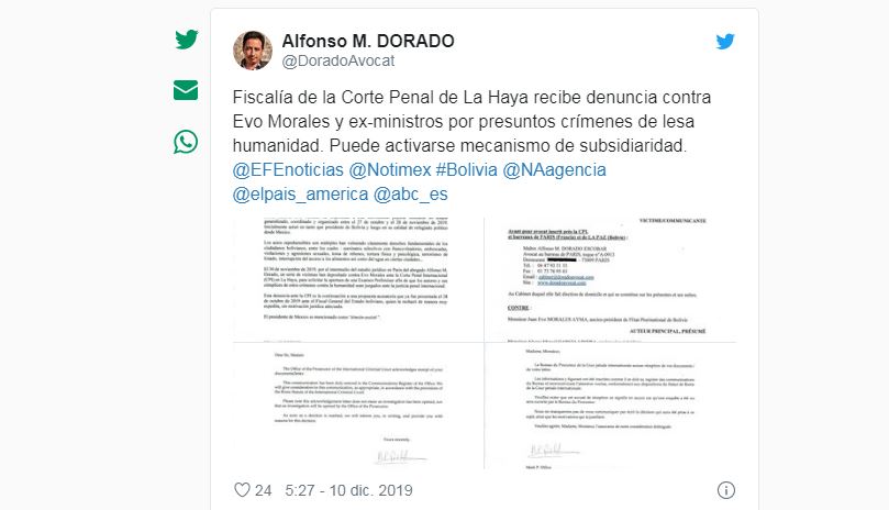 Corte Penal Internacional de La Haya recibe demanda contra Evo Morales por presuntos crímenes de lesa humanidad