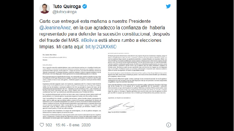 Tuto Quiroga renuncia el cargo de delegado presidencial 