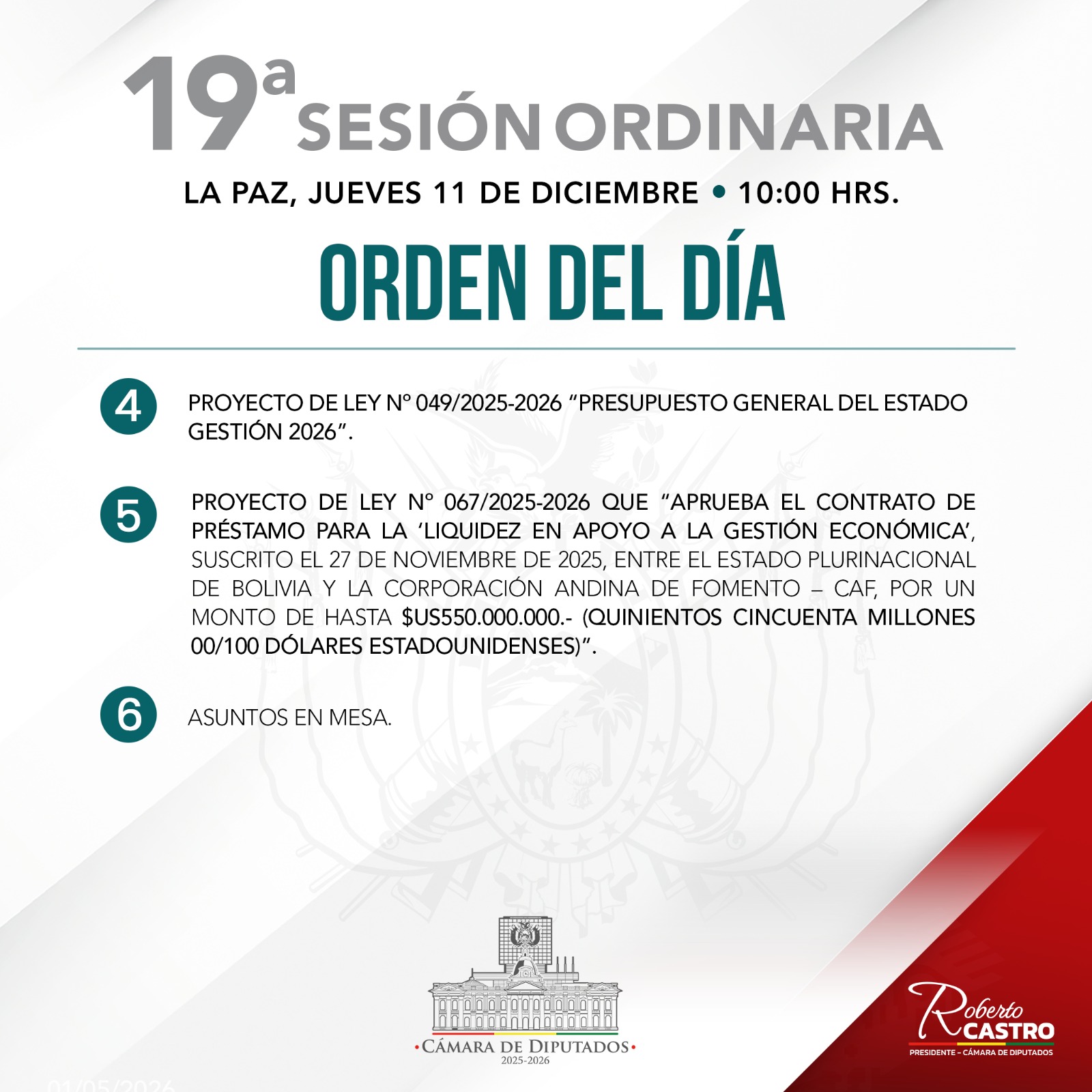 Cámara de Diputados sesiona para tratar tres créditos externos y PGE 2026