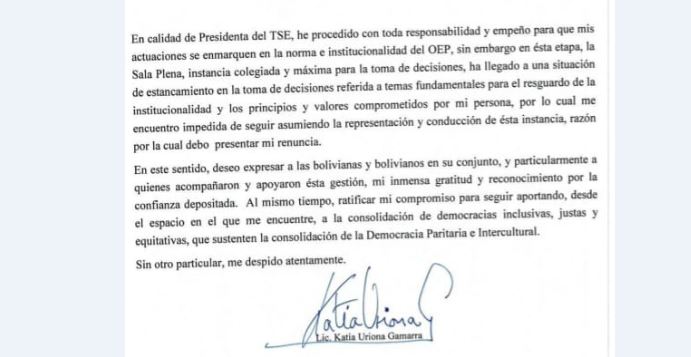 Katia Uriona renunció al Órgano Electoral; 21 días antes lo hizo su vicepresidente