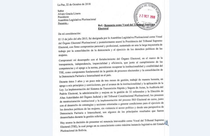 Katia Uriona renunció al Órgano Electoral; 21 días antes lo hizo su vicepresidente