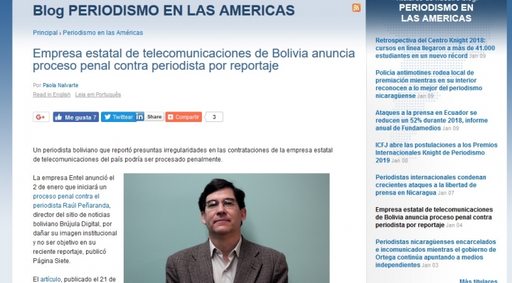 Seis entidades internacionales expresaron hasta ahora respaldo al periodista Raúl Peñaranda, amenazado por ENTEL