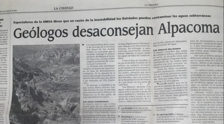 Geólogo advirtió en 2004 que podía producirse un deslizamiento de lixiviados en Alpacoma