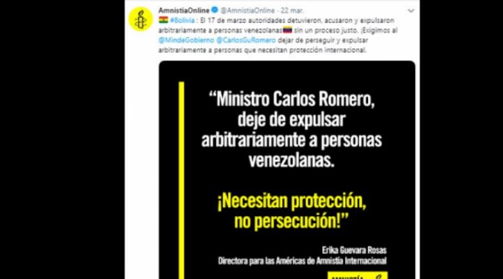 Amnistía Internacional exige a Bolivia que pare persecución y expulsión de venezolanos