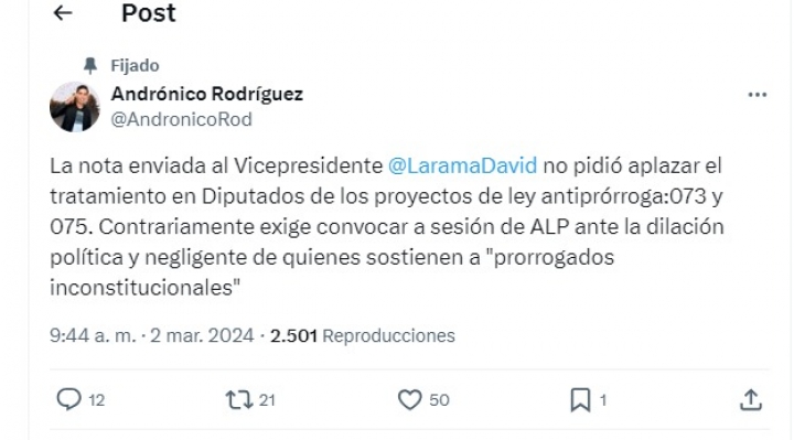 Andrónico señala que no pidió aplazar el tratamiento de la 073 y 075 y exige convocar a sesión plena de la ALP