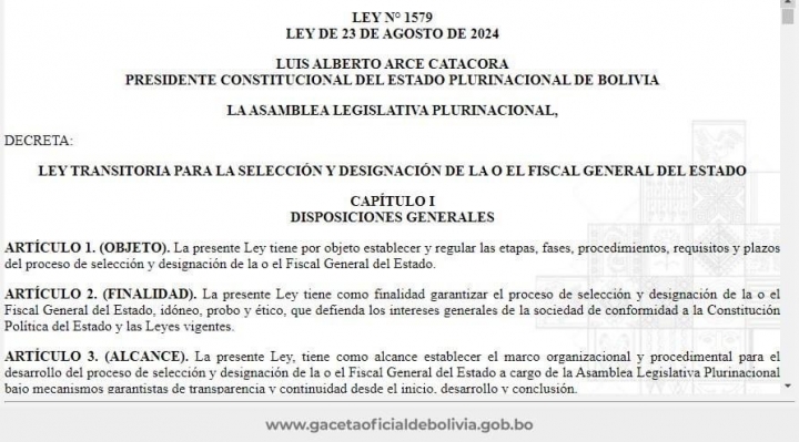 Arce promulga Ley para elección y designación de un nuevo Fiscal General