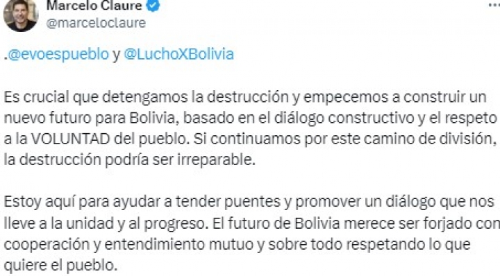 Claure se ofrece como puente para diálogo y etiqueta en su mensaje a Arce y a Morales