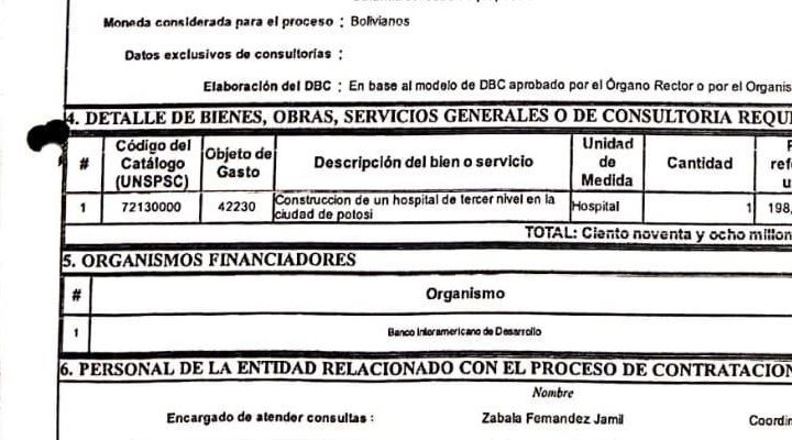 Senador Núñez denuncia sobreprecio en la construcción del hospital de tercer nivel en Potosí