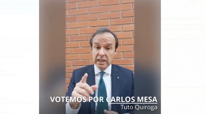 Tuto Quiroga pide a los bolivianos votar por Mesa en las elecciones