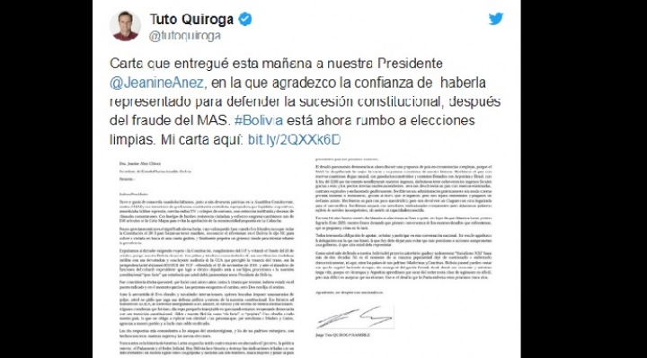 Tuto Quiroga renuncia el cargo de delegado presidencial