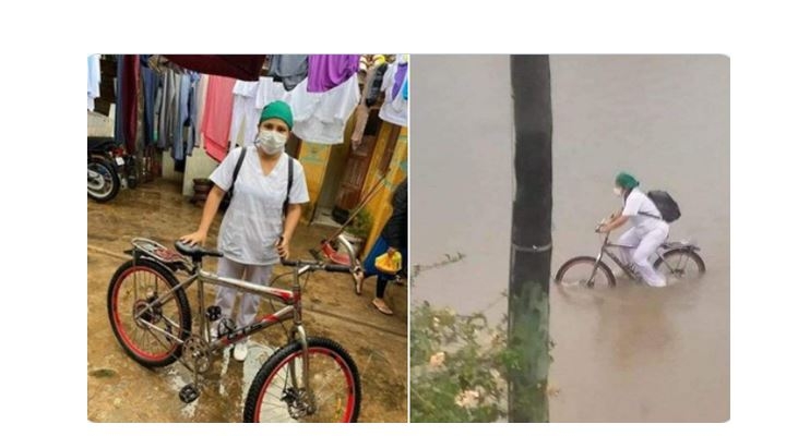 La enfermera que pedaleó en plena inundación tendrá ítem definitivo y una motocicleta