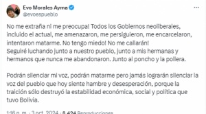 Morales responde a la denuncia de trata:  “No me extraña ni me preocupa! Todos los  Gobiernos neoliberales, incluido el actual, me amenazaron” 1