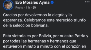 Tras no asistir a declarar ante la Fiscalía, Evo Morales agradeció a la selección por su victoria frente a Colombia 1